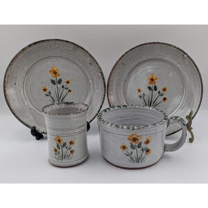 Owens Pottery Seagrove NC Yellow Flowers Tumbler Cup Soup Mug Plates - 4 Pc Set
